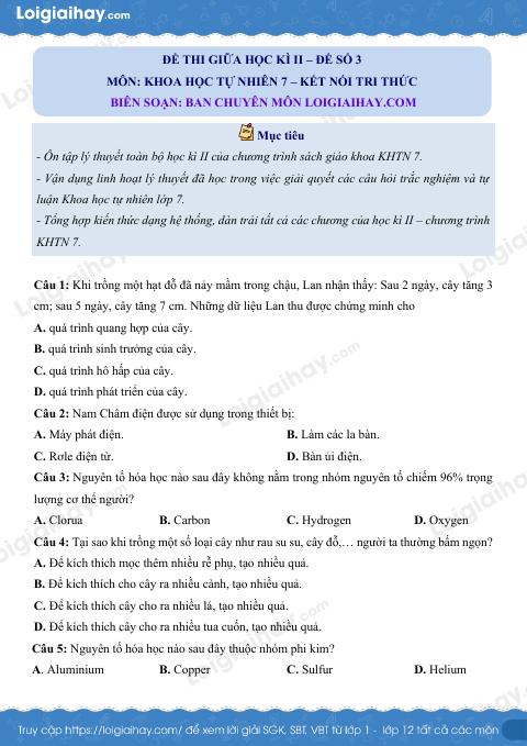Đề thi giữa kì 2 KHTN 7 Kết nối tri thức - Đề số 3
